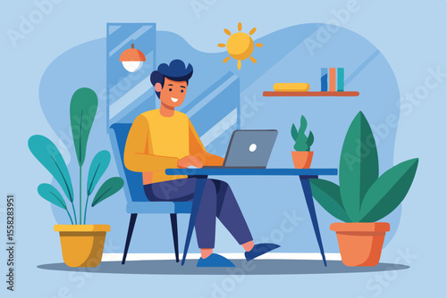 Man working on laptop at a table surrounded by plants and natural light in a cozy indoor space during daytime