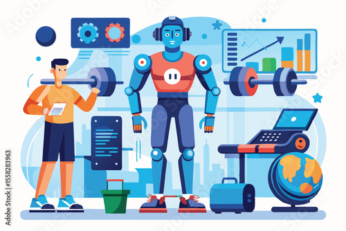 Fitness robot coach demonstrating personal training techniques in a modern gym environment