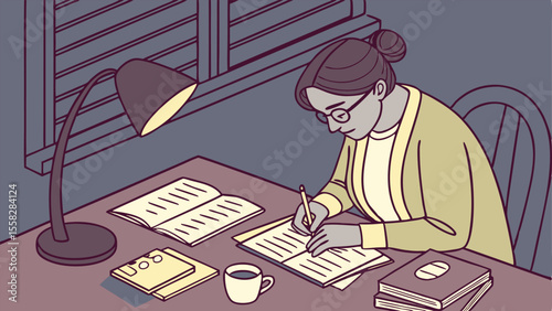 A woman with glasses writing at a desk with a lamp illuminating her work surrounded by books and a mug