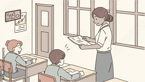 Teacher handing out papers to students sitting at desks in a classroom with a window and a door visible
