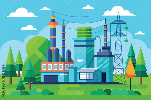 Green electricity factory illustration showcasing eco-friendly energy production amidst trees and a clear blue sky