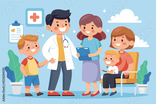 Children experience a doctor's consultation with a friendly physician and supportive parents in a colorful clinic environment during a sunny day
