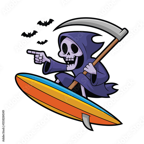 Grim Reaper Surfing on a Colorful Surfboard