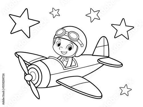 Easy coloring sheet for kids. Little pilot on an airplane. A man is flying an airplane