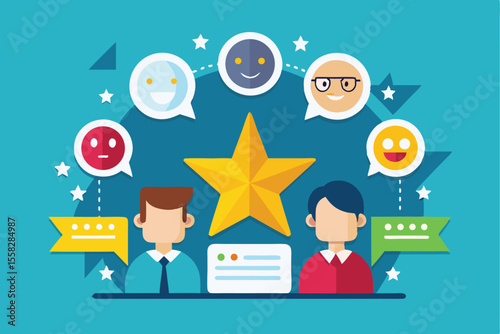 Vector illustration showcasing customer feedback ratings with smiling faces and conversation bubbles highlighting satisfaction and engagement in a digital service environment