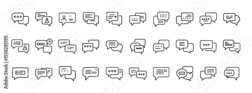Chat Icon Set. Containing message, conversation, speech bubble, comment, dialogue, text, talk and communication icons. Solid icon collection.
