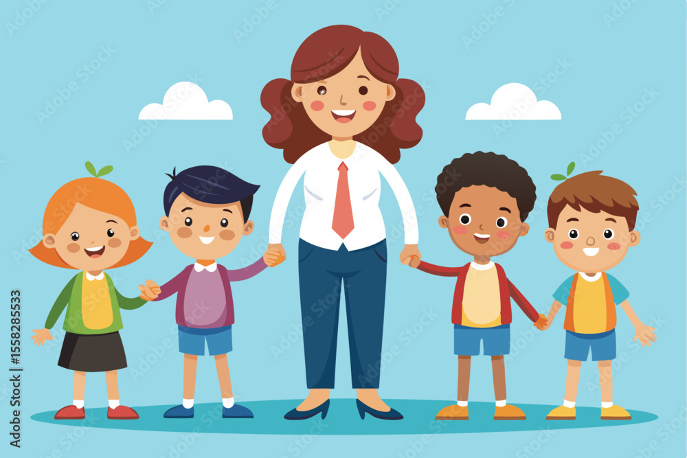 Kindergarten teacher stands proudly with children during outdoor activity in bright, cheerful setting promoting friendship and learning Kindergarten teacher stands proudly with children during outdoor activity in bright, cheerful setting promoting friendship and learning