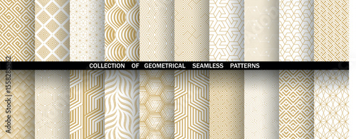 Geometric set of seamless golden and white patterns. Simple vector graphics