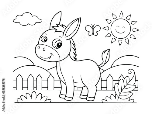 An easy coloring sheet of a cute donkey. Donkey coloring sheets for kids. Creative and engaging printable designs