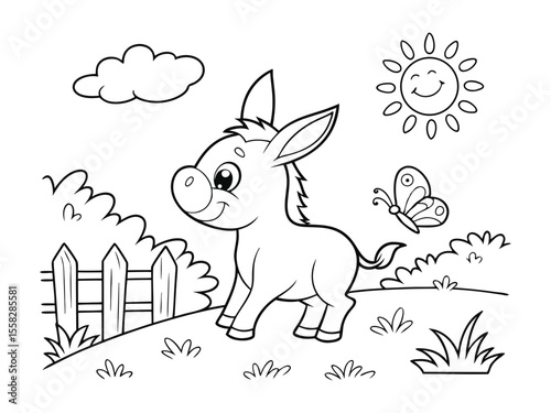 An easy coloring sheet of a cute donkey. Donkey coloring sheets for kids. Creative and engaging printable designs
