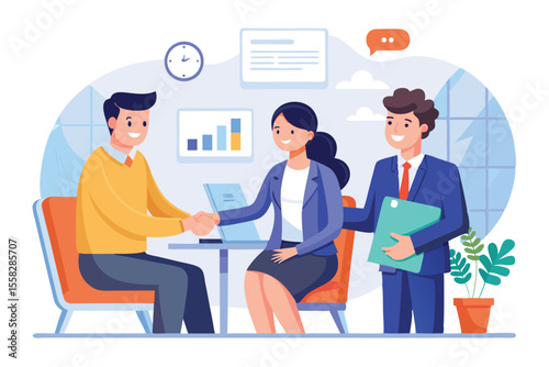 Professional interview setting with a man and woman discussing with HR representatives in a contemporary office environment