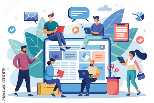 Diverse group of characters engaging with online mass media on electronic devices in a dynamic and colorful setting