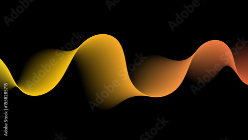 Vibrant, smooth, orange and yellow gradient wave against a stark black background. It evokes a sense of fluid motion, energy, and can represent sound or digital signals.