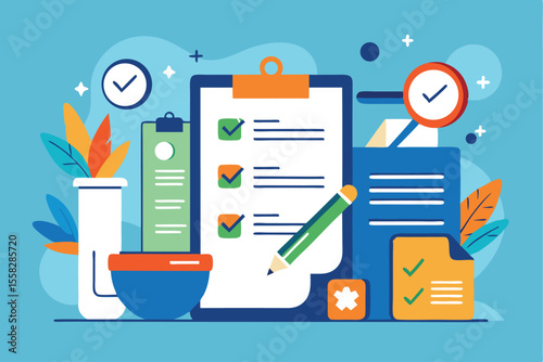 Checklist for work regulation requirements displayed with various office supplies in an organized workspace