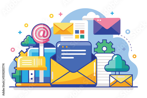 Mail sent concept depicts a modern digital communication environment with vibrant illustrations and various mail elements conveying connectivity and interaction in everyday life