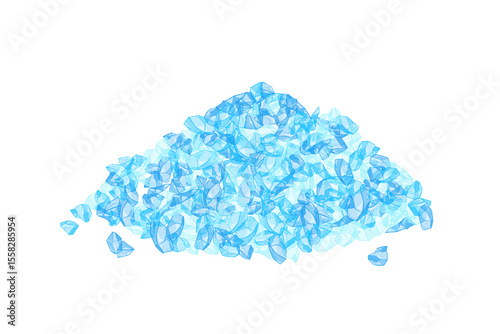 Pile of light blue crystals forming a small mountain on white background