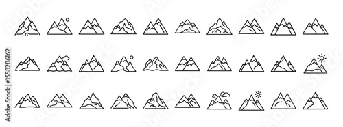 Mountain Icon Set. Containing nature, landscape, peak, summit, adventure, outdoor, hill and hiking icons. Solid icon collection.