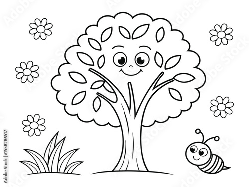 Flowers and a cartoon tree with a face are easy coloring pages for children