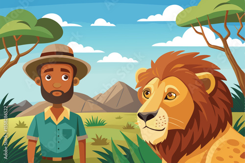 Encountering a lion during a captivating safari adventure in the wilds of Africa with a brave traveler exploring nature's beauty