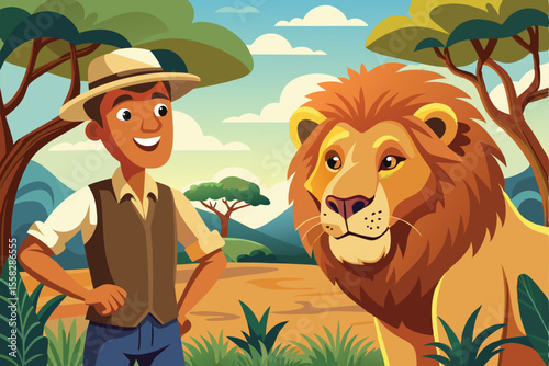 Lion encounter with a man in a vibrant safari landscape during a wildlife adventure experience