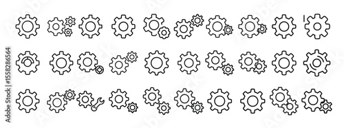 Settings Icon Set. Containing gear, tools, configuration, system, preferences, options, technical and mechanism icons. Solid icon collection.