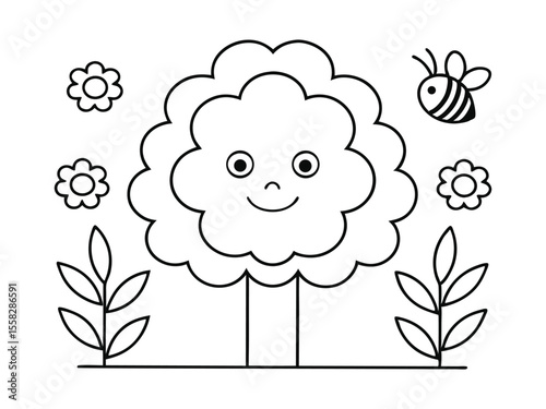 Flowers and a cartoon tree with a face are easy coloring pages for children