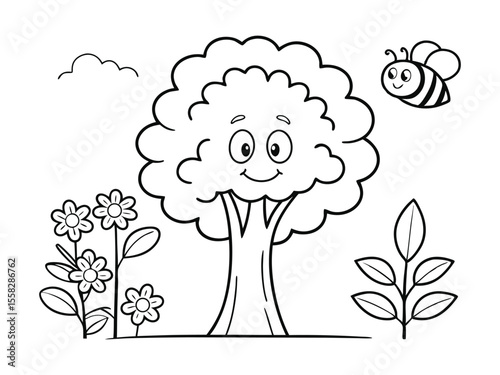 Flowers and a cartoon tree with a face are easy coloring pages for children