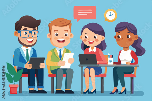 Colored cartoon representation of hr managers conducting interviews in a modern office setting