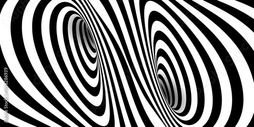 Curved diagonal wormhole funnel entrance and exit bg. Abstract tunnel optical illusion with 3D portal effect. Circular whirlpool. Psychedelic vector illustration