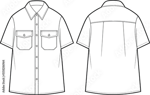 Short sleeve men's shirt technical fashion flat, button-up cad illustration with chest pockets, vector design template for apparel production
