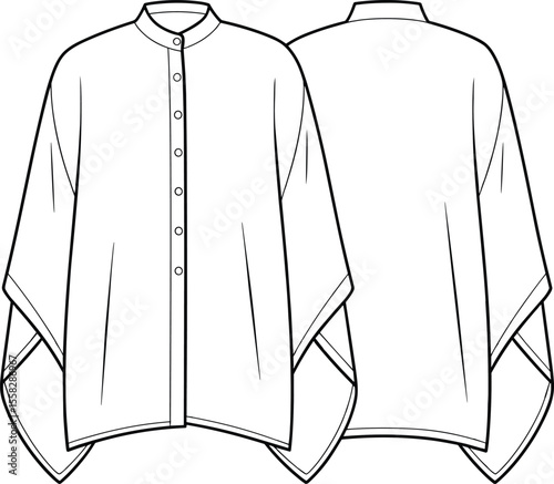 Poncho style button-up blouse technical flat, mandarin collar fashion top with asymmetric hem cad vector illustration for apparel design