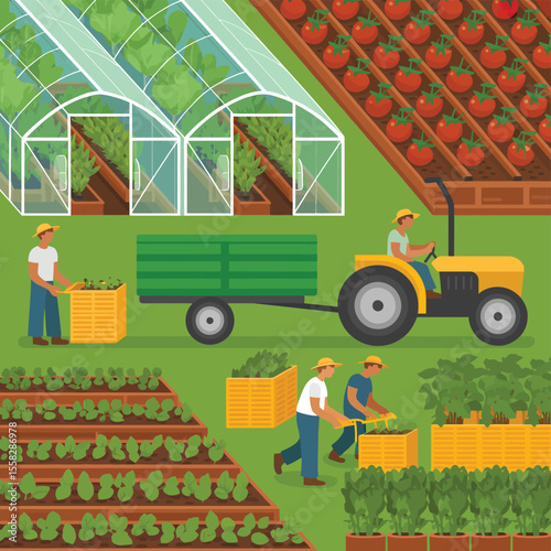 Agricultural Farm Scene with Workers and Greenhouse