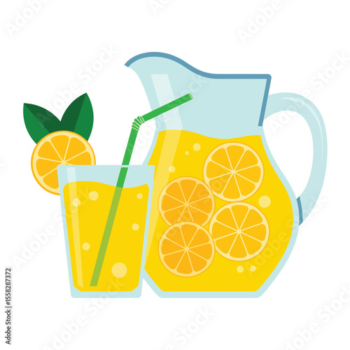Fresh Citrus Lemonade in Glass Pitcher and Glass