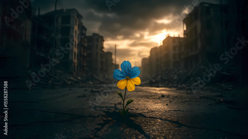 Flower with blue and yellow petals breaks through the asphalt, symbol of hope, on a destroyed Ukrainian city background