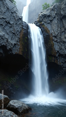 Small Waterfall Cascading Over Smooth Dark Grey Stone Cliff