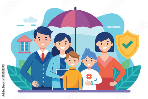 Family life insurance concept illustration showcasing a happy family under an umbrella, emphasizing protection and security within a vibrant and friendly setting