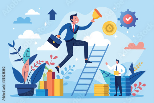 Career ladder illustrating personal success as one individual climbs while another observes in a vibrant workspace with plants and rewards in the background