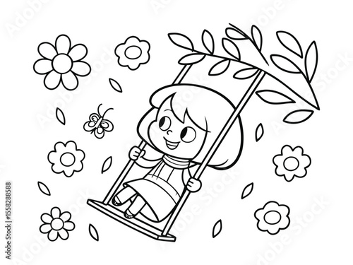 Girl on a swing and flowers coloring page. Enjoy this coloring page of a girl on a swing with flowers. A black and white drawing of a girl on a swing, line art colouring page