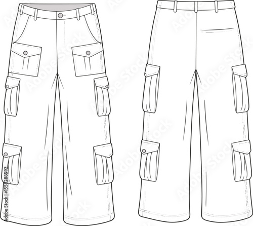 Technical flat sketch of cargo pants with side pockets, waist belt loops, front and back view, fashion cad drawing illustration