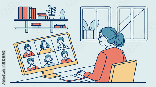 Woman attending a video conference with six participants on a computer in a room with a bookshelf and window