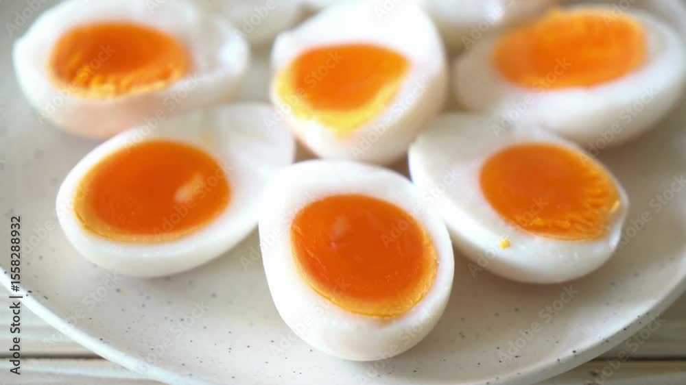 Soft boiled eggs on white plate