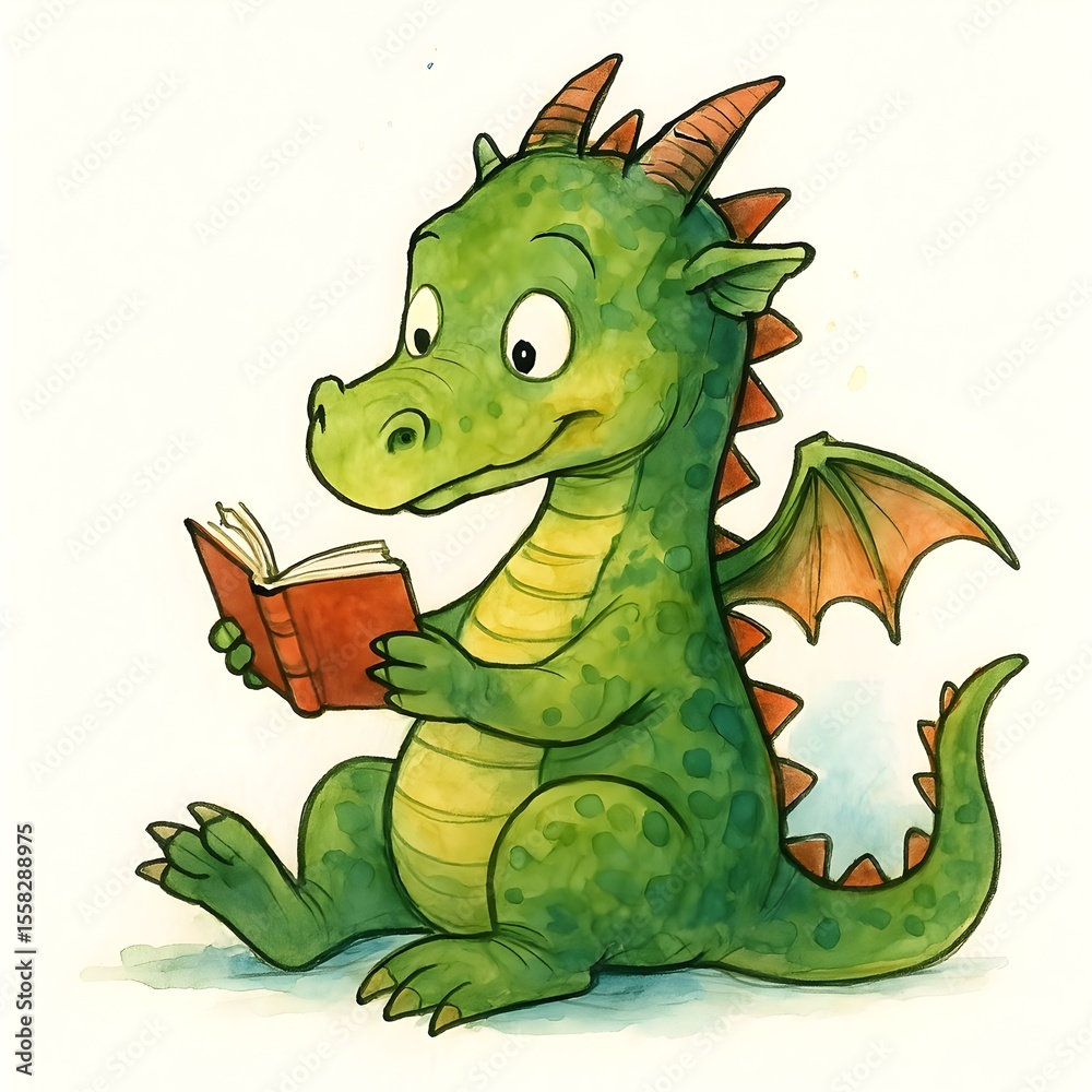 Fototapeta premium Enchanting scene featuring a cheerful dragon immersed in a book, perfect for children's stories and educational materials.