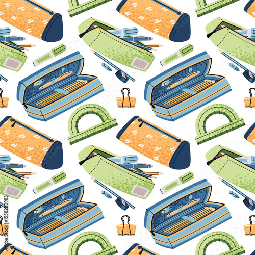 Seamless Pattern with Pencil Cases, Pens, Protractor and Markers. School and Office Supplies Design for Textile Printing, Wallpaper, Wrapping Paper and Stationery. Back to School Collections