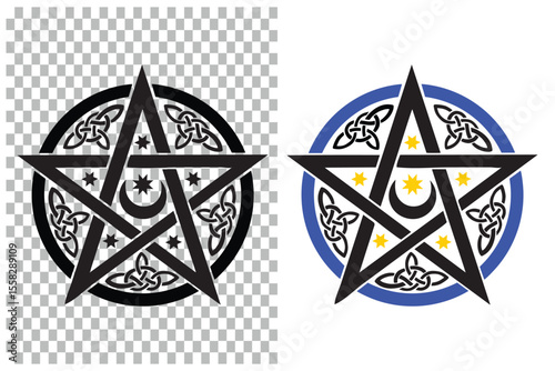 Celtic knot vector illustration set: abstract background, ornament icon, star symbol, compass design, pentagram sign, web pattern art