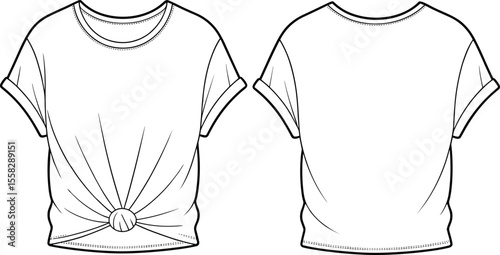Trendy short sleeve knotted front t-shirt fashion flat sketch, technical cad drawing vector for casual clothing design and development