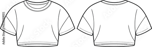 Trendy women’s crop top flat sketch, short sleeve tee cad vector drawing for fashion design, technical illustration, front back view