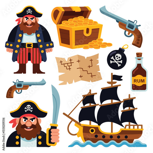 Cartoon Pirate Set Treasure, Ship, Weapons and Characters
