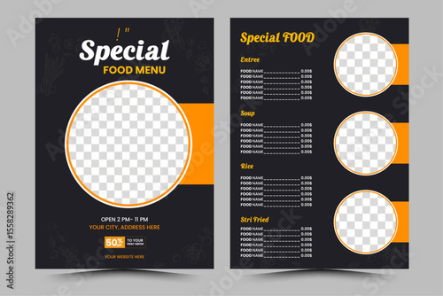 Modern Restaurant Food Menu Flyer Template, Special Food Menu Template | Black and Orange Restaurant Design, Elegant Food Menu Brochure Template for Restaurant and Cafe, 