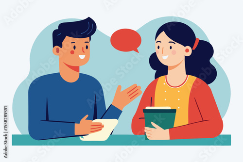 Engaging discussion between two individuals in a flat illustration showcasing effective communication and collaboration