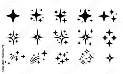 Extensive Collection of Black Sparkle and Star Icons. A set of fifteen black icons featuring diverse sparkles, stars, and glitter effects.